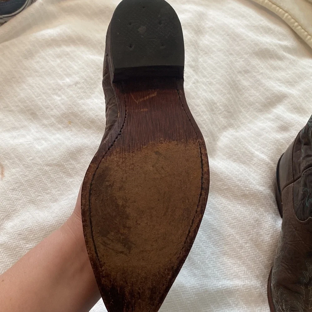 Justin’s dark brown cowboy boots stitching white blue teal matte and shiny - Picture 4 of 7